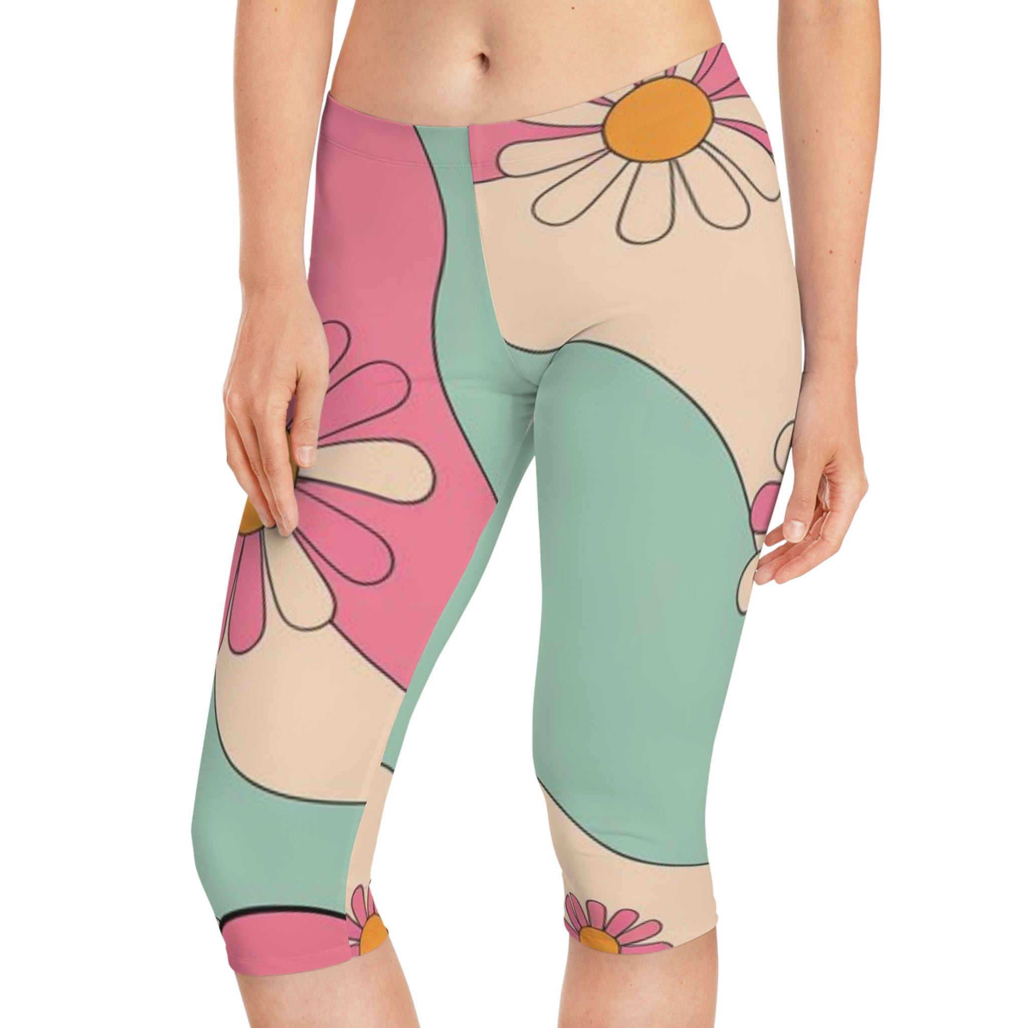 Retro Floral Women's Capri Leggings, Vintage Style Workout Pants, Summer Activewear, Festival Yoga Tights, Women's